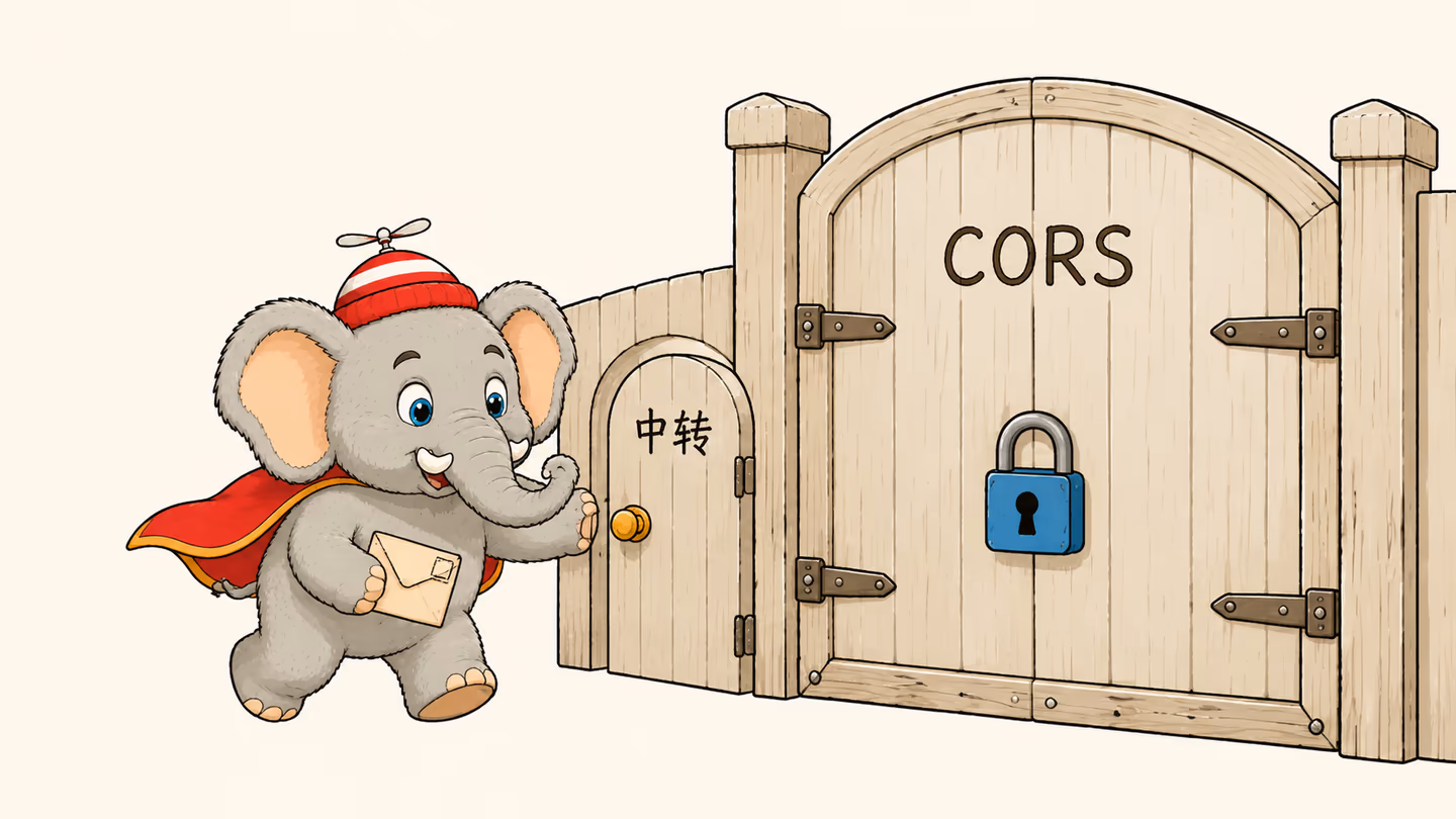 浏览器面前是带锁的 CORS 大门，旁边打开了一扇写着“中转”的小门